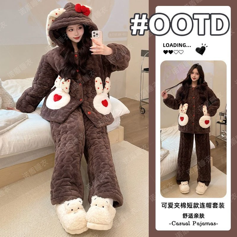 2025年冬季睡衣女海岛绒三层夹棉珊瑚绒加绒加厚短款家居服可外穿