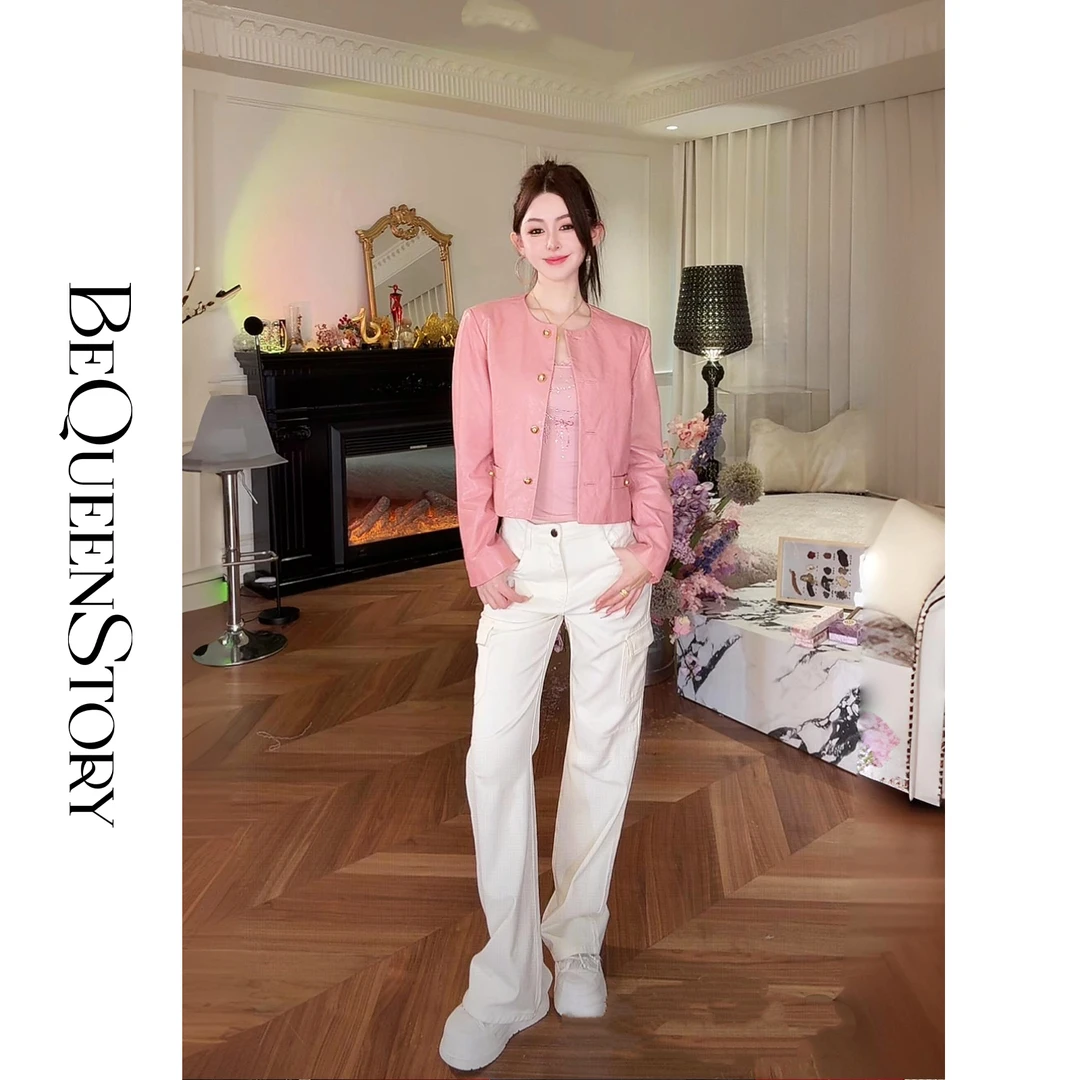 余潇潇【自由穿行】赫本风复古时尚高级感圆领短款皮衣2025早秋