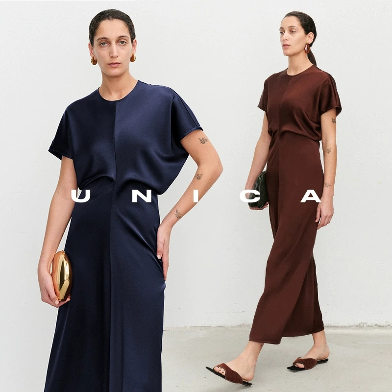 【现货8折】UNICA/简约_45度斜裁显瘦遮腹乱麻缎面进口醋酸连衣
