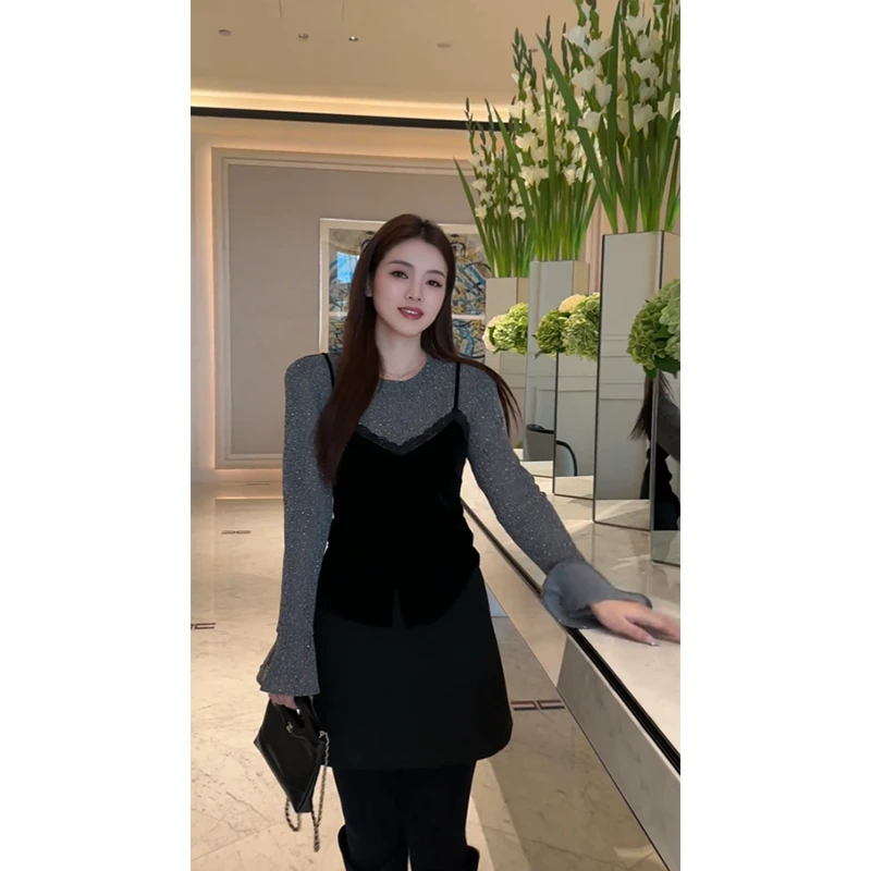 欧货假两件细闪显瘦内搭打底衫上衣法式极简风时尚欧美风