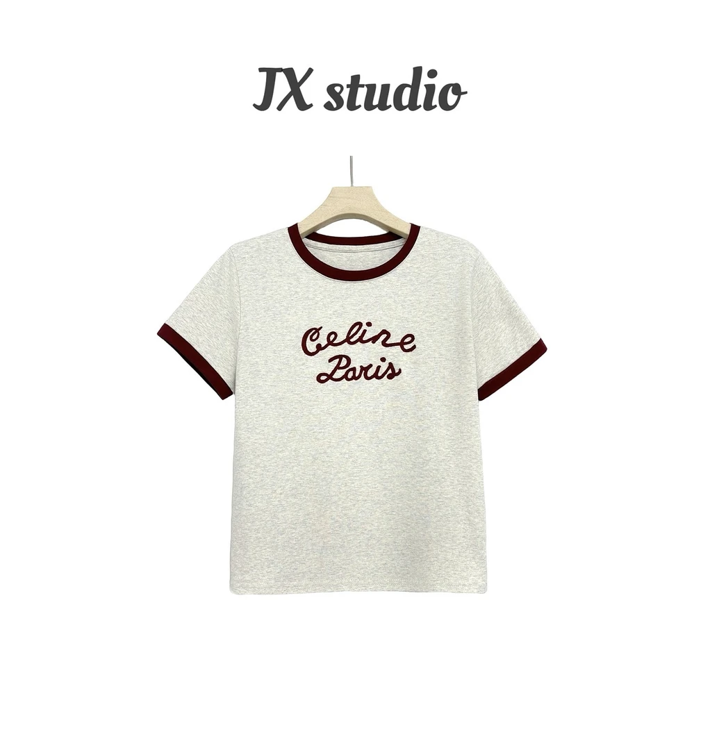 静贤【白茶岛屿】春夏新款韩版百搭字母撞色领短袖T恤