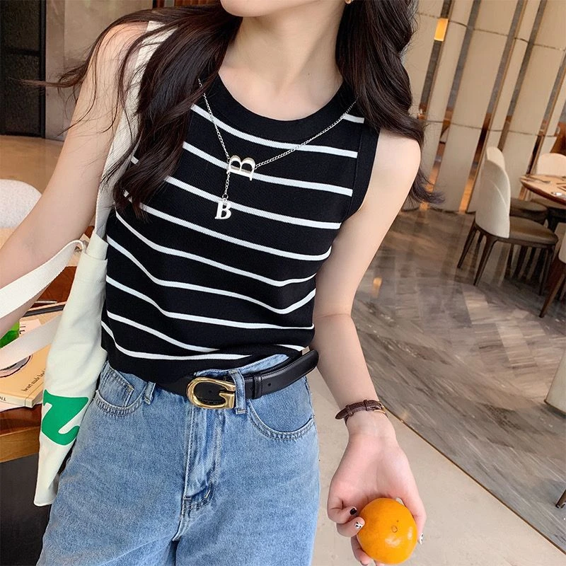 别致针织条纹吊带背心夏季美背法式打底短款上衣外穿配小西装内搭