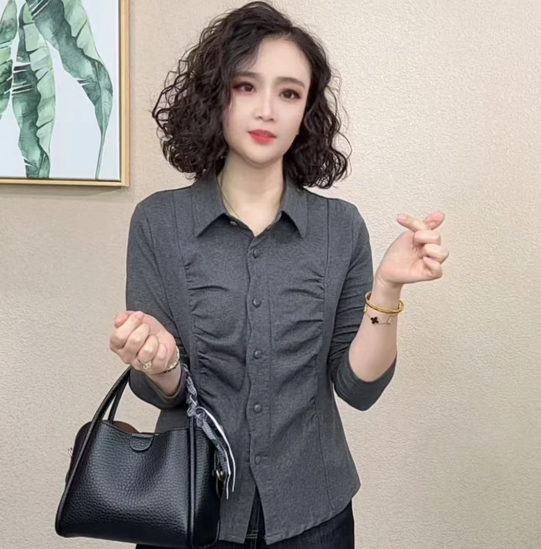 2025新款时尚洋气百搭减龄长袖女纯色POLO气质上衣#52