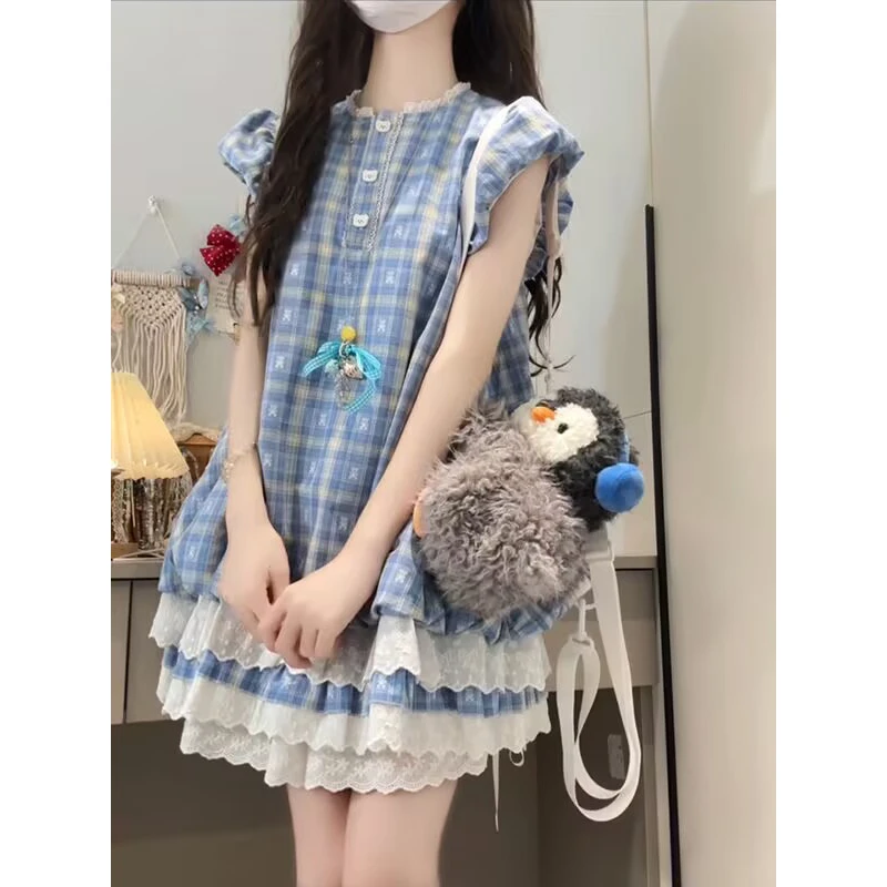 女童学院风连衣裙夏季2025独特漂亮裙子儿童新款法式格子蛋糕裙