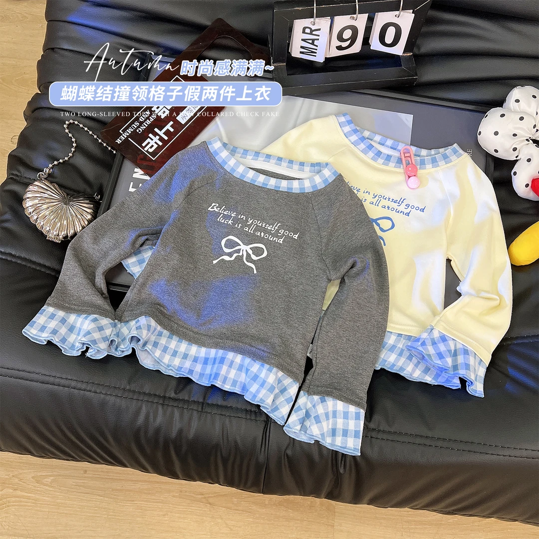 韩韩良品中大童甜美假两件T恤2025秋季蝴蝶结撞领格子上衣HYL1170