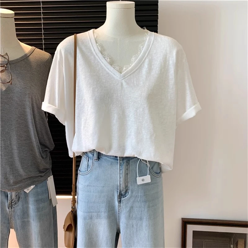 蕾丝V领雪花棉麻短袖T恤女夏季薄款设计感小众宽松休闲体恤衫上衣