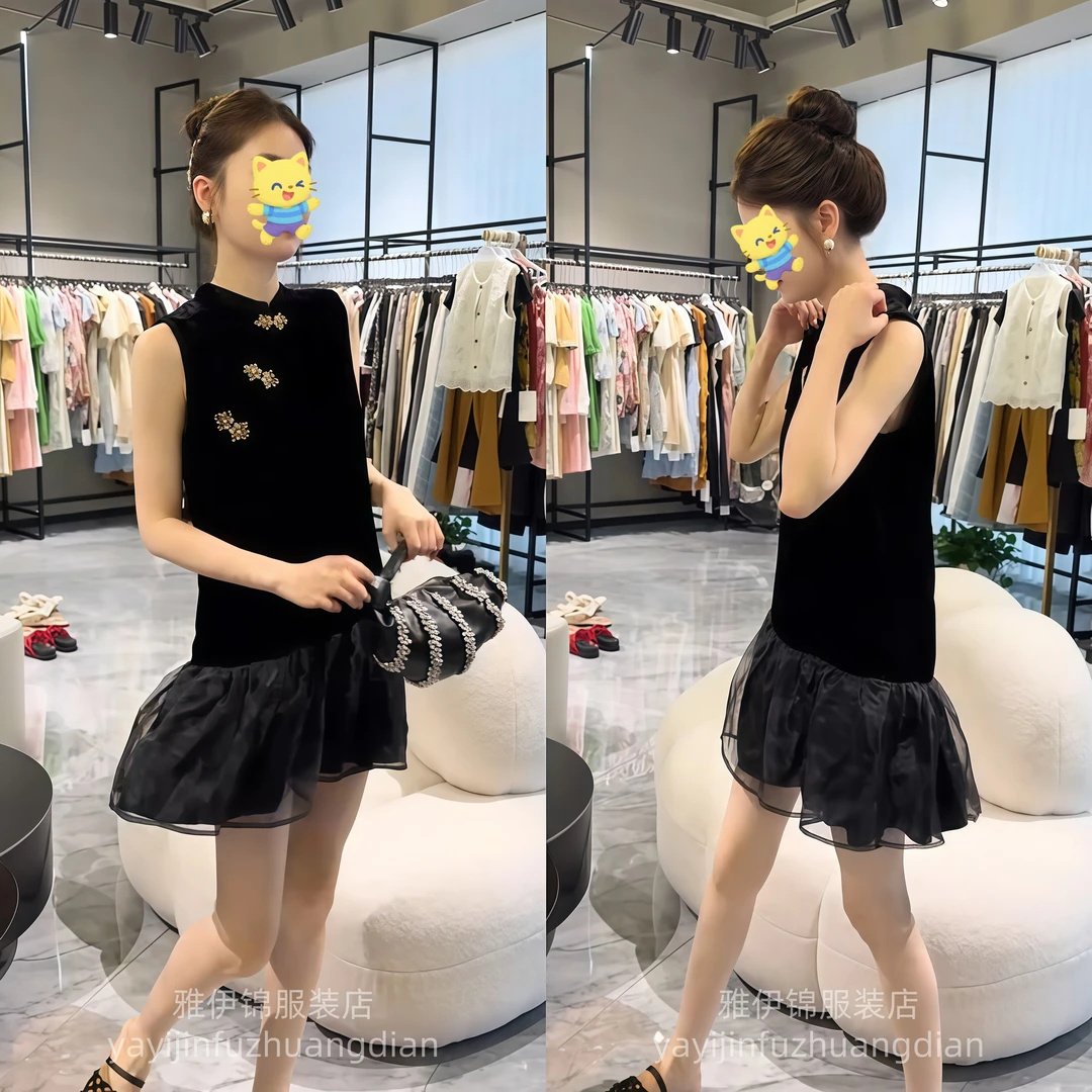 新中式黑色拼接网纱连衣裙女2025夏新款活力感无袖背心国风裙子