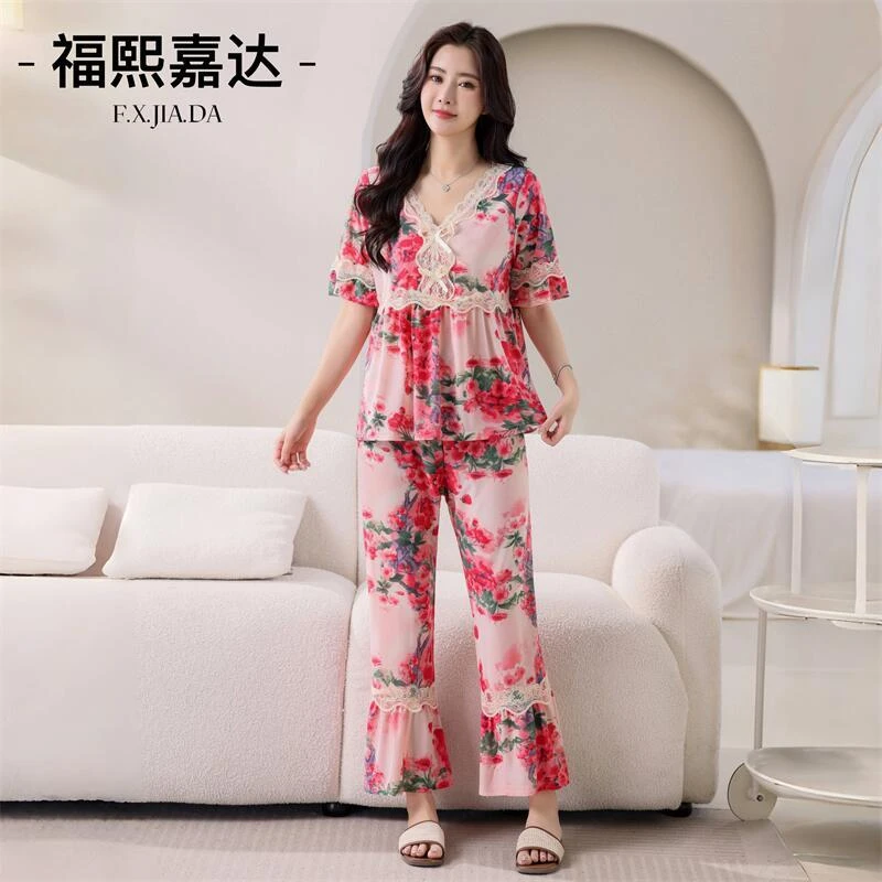 爆款家居服两件套新款蕾丝花边时尚韩版宽松显瘦洋气外出睡衣薄款