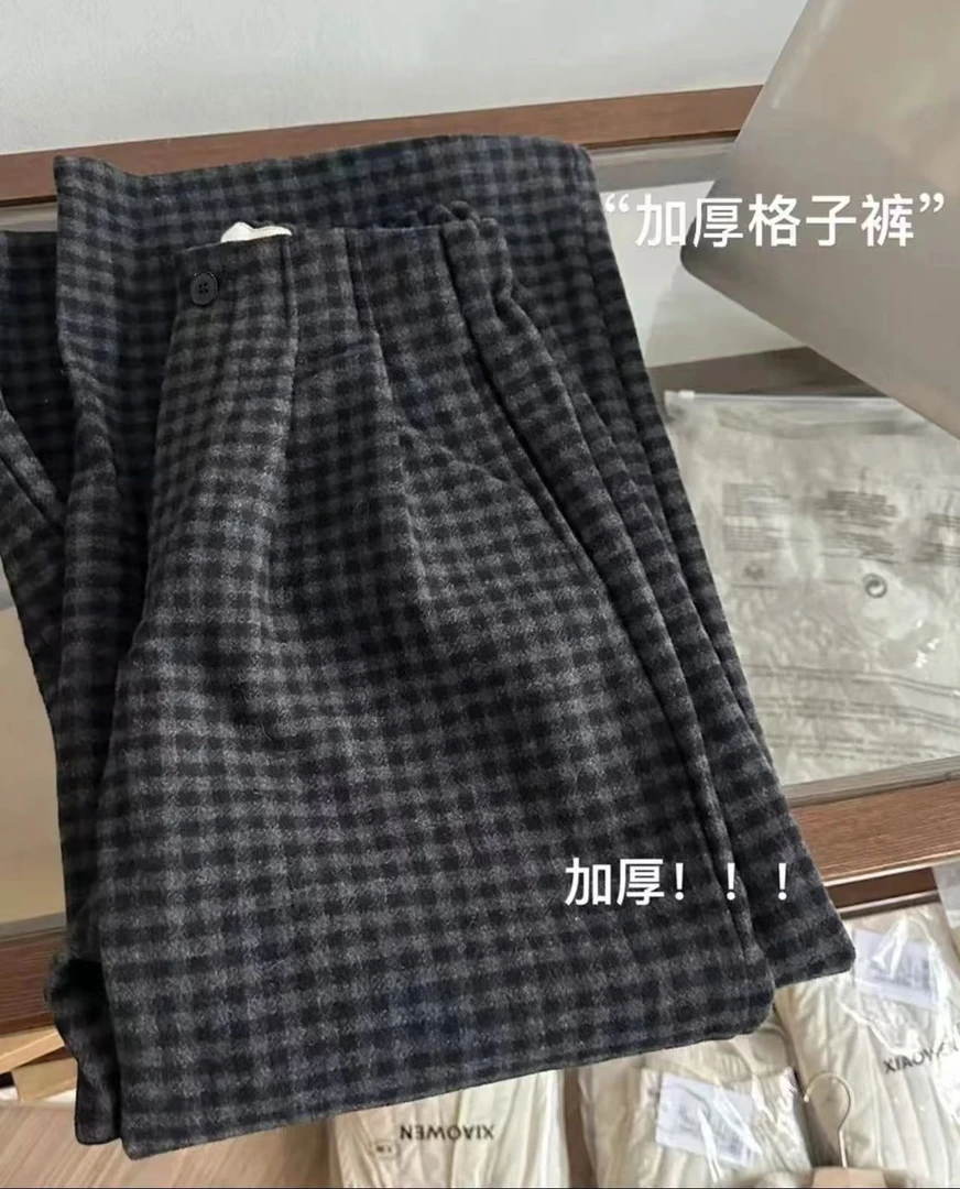 楠哥#（精）冬新款加厚复古格子裤半松紧垂感宽松百搭显瘦阔腿裤