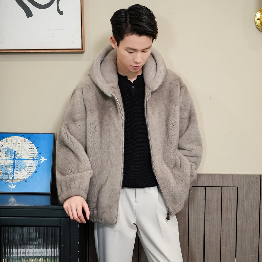 本色银兰连帽X20-12紫金天鹅绒短二水貂外套拉链男装