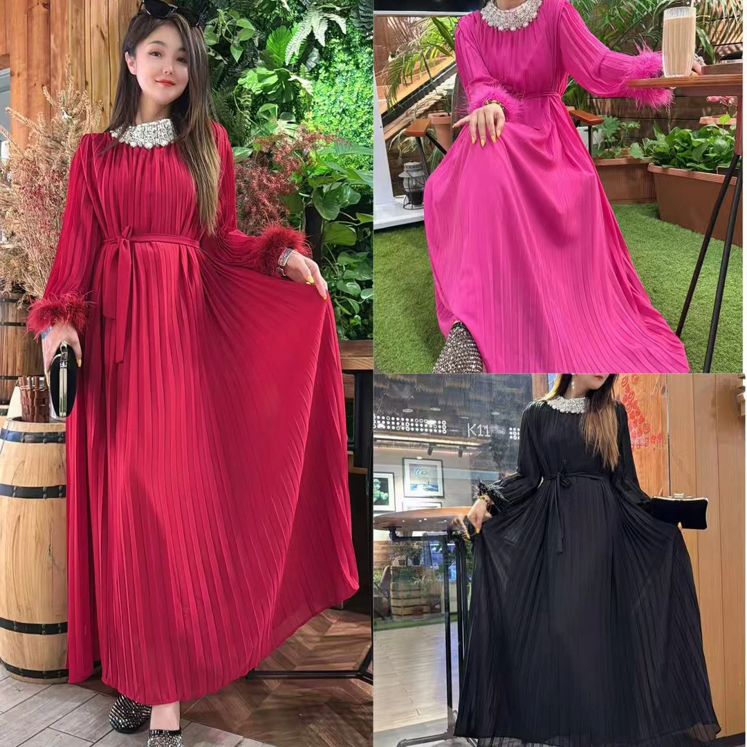 6845华丽羽毛领＋羽毛袖！百褶收腰连衣裙 气质大摆连衣裙