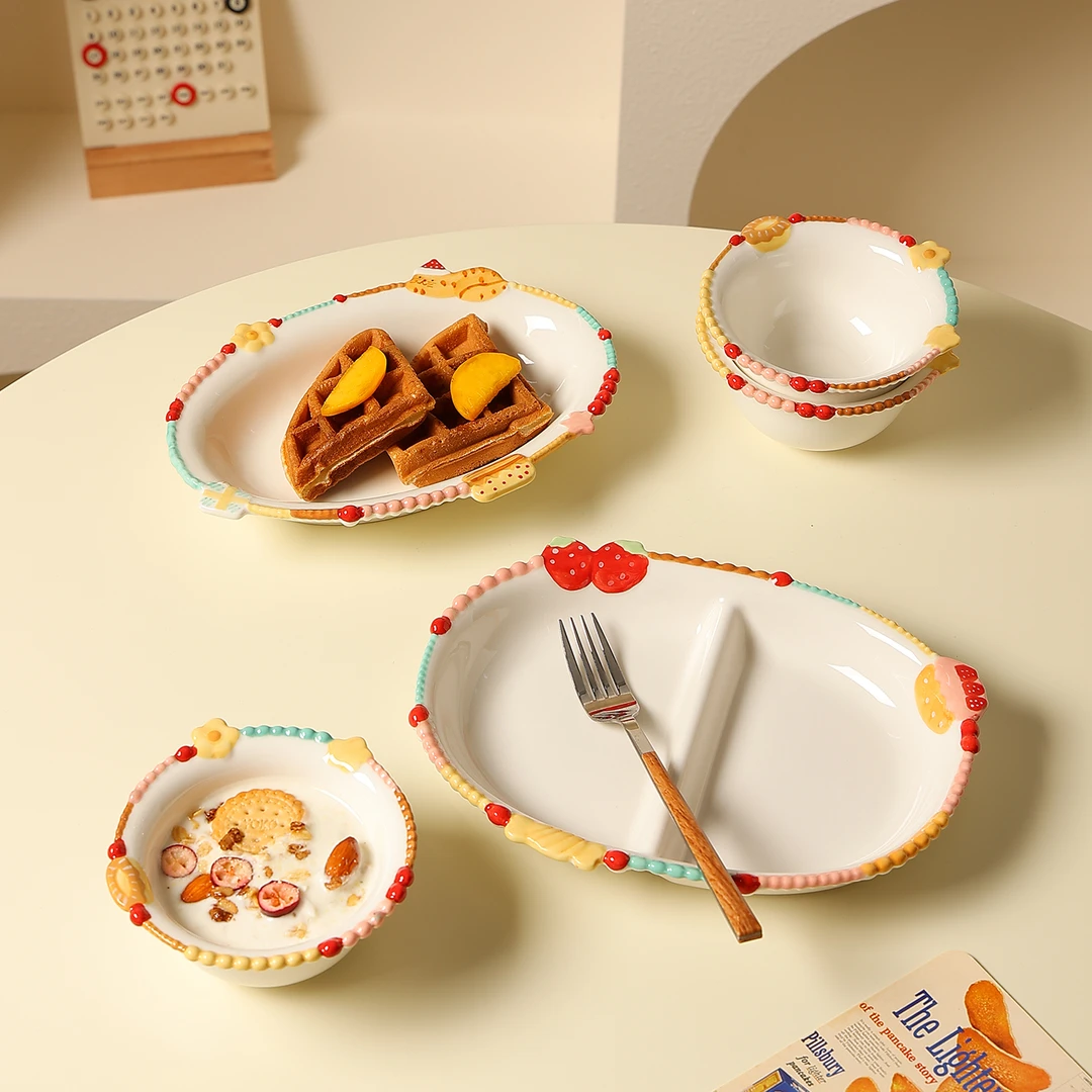 浮雕珠点餐具高颜值陶瓷碗漂亮的饭碗女生水果酸奶碗分格餐盘家用