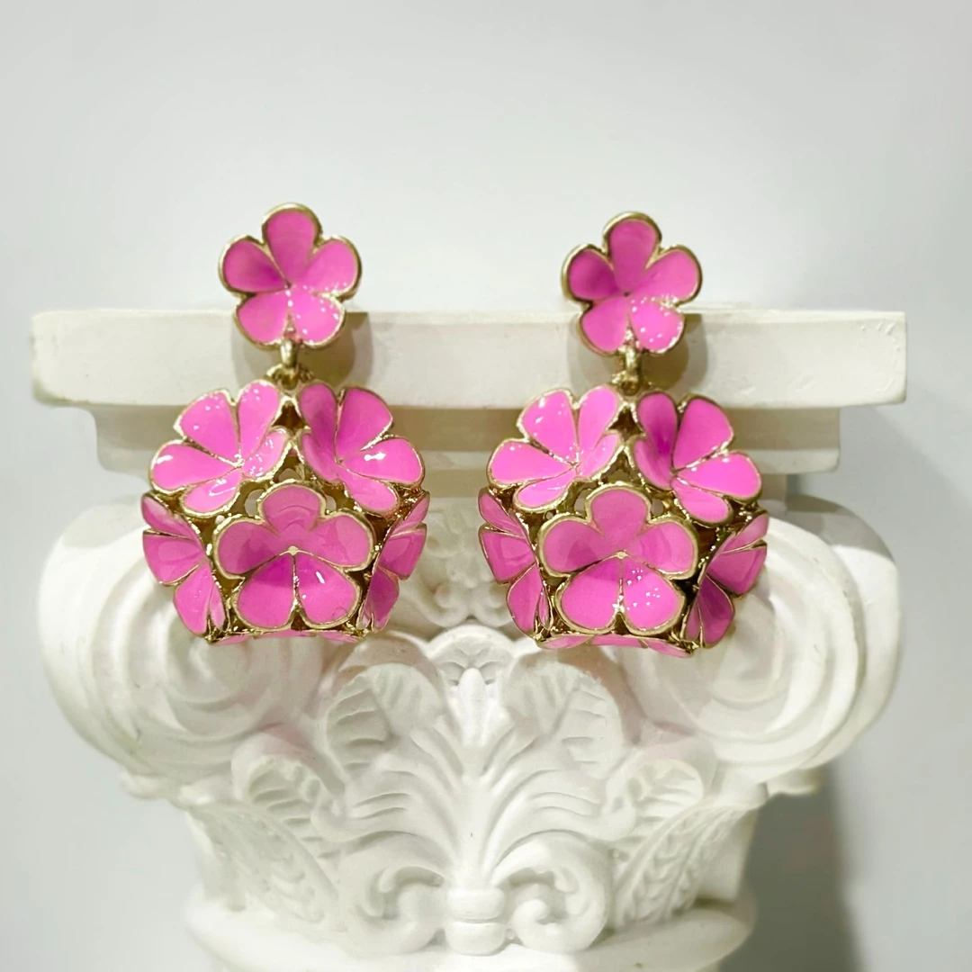 铜合金珐琅耳饰 4326西洋中古风 vintage复古粉色油画花朵耳环