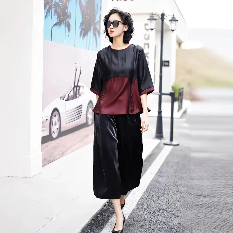冰丝夏季不贴身套装拼接上衣大码高端宽松阔腿裤优雅气质两件套
