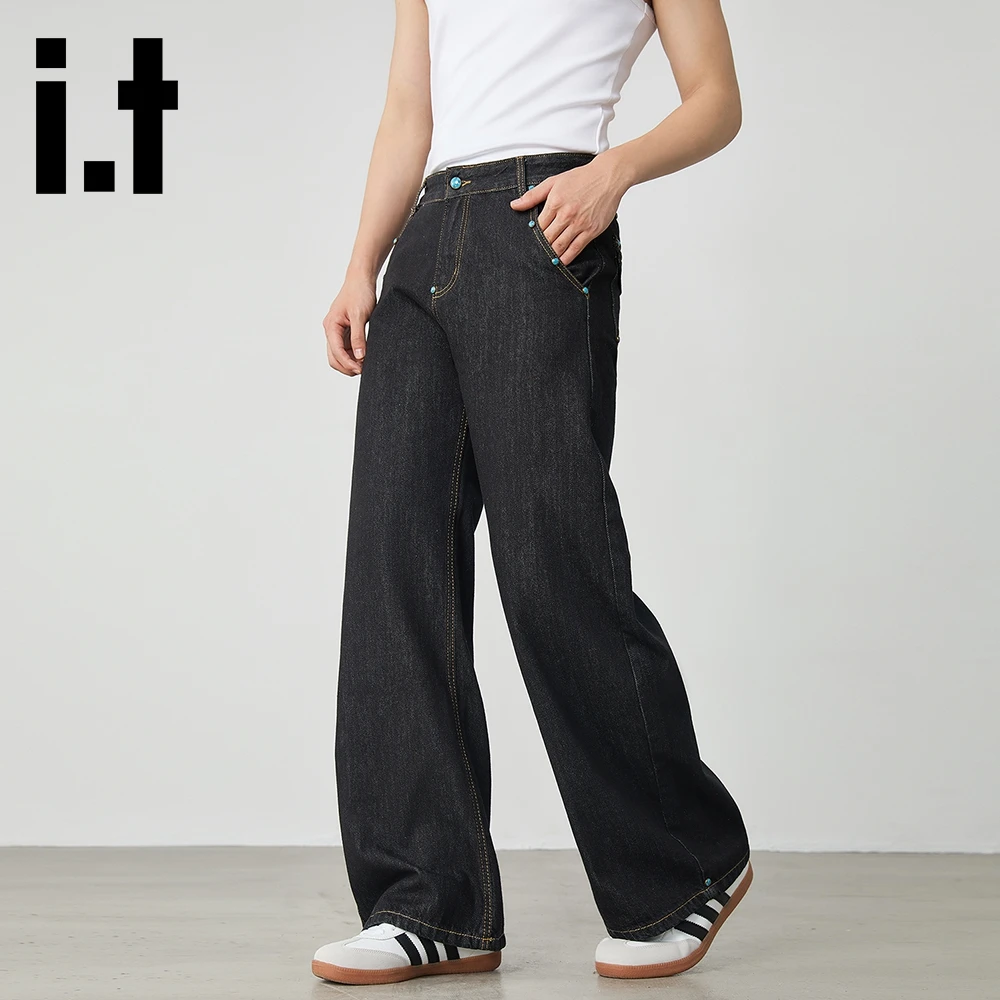 it:CHOCOOLATE美式高街个性绿松石牛仔裤男女同款设计宽松阔腿裤