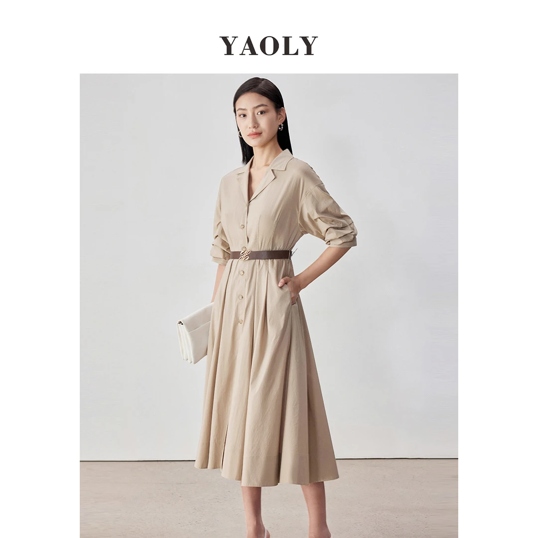 姚领2024春装854K10232单排多扣袖口压褶气质中长款连衣裙