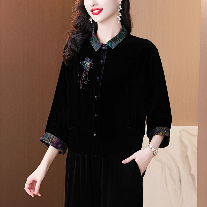 国风气质复古百搭秋季金丝绒外套丝绒中老年宽松洋气绣花丝绒上衣