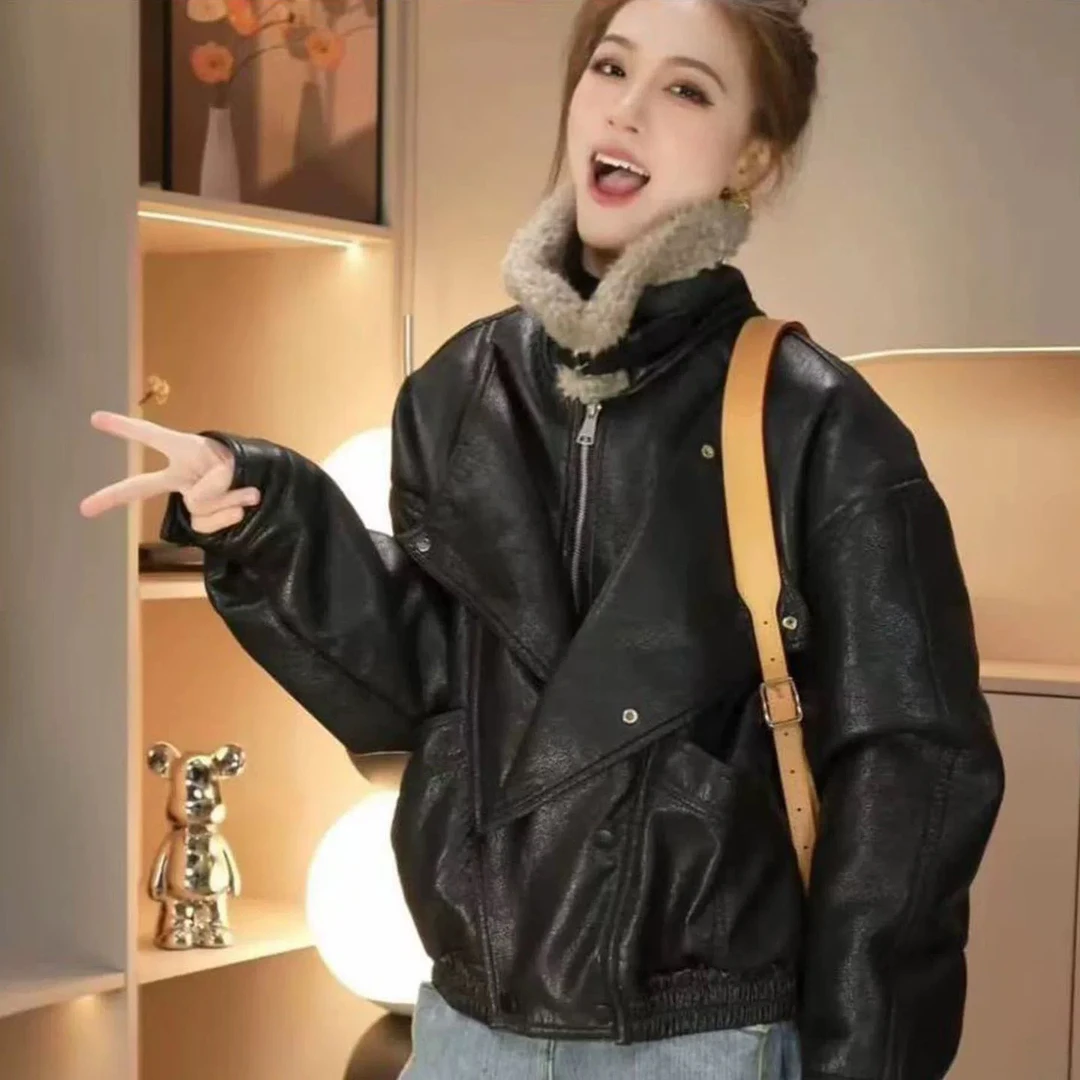 【静姐家】2339 【皮毛一体】冬季宽松羊羔毛拼接翻领短款