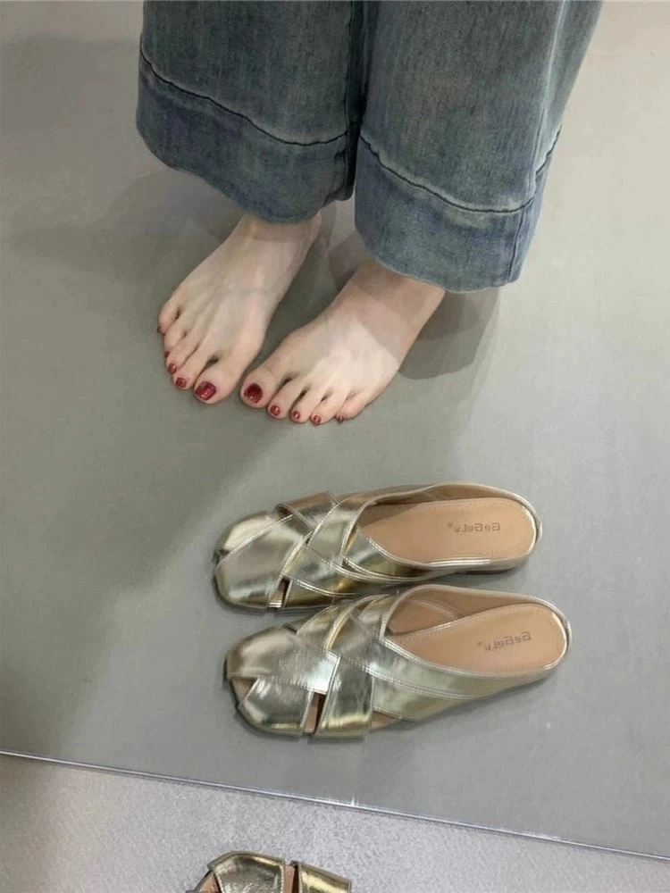 啤梨~小羊皮罗马设计感小众编织软平底包头半拖鞋女外穿夏配裙子