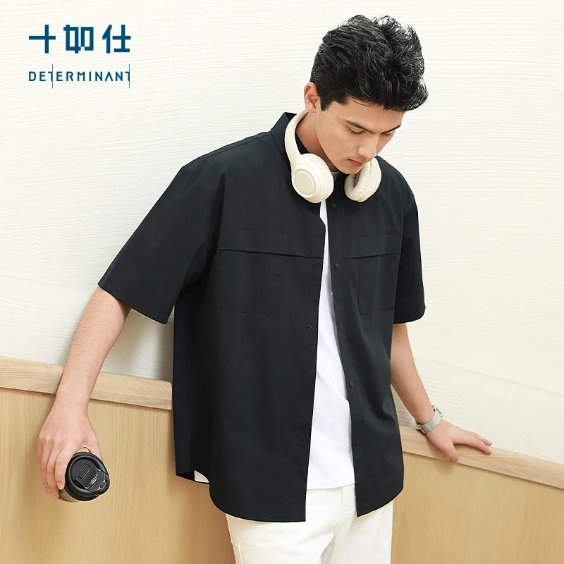 十如仕暗袋休闲男士男式丝光衬衫短袖百搭宽松cs22