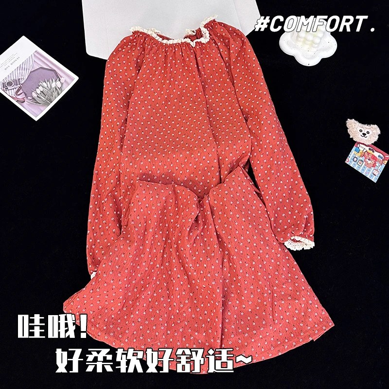 2025秋冬天新款云朵棉长袖睡裙甜美碎花圆领中长款家居服外穿春季