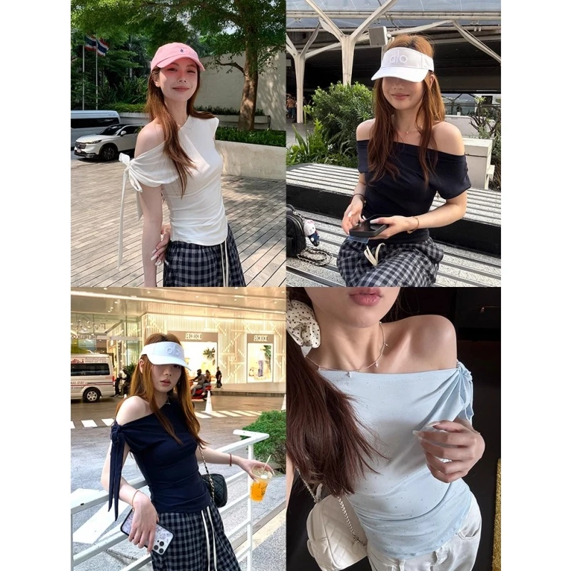 纯欲露肩绑带蝴蝶结短袖t恤女夏季修身高级感超好看独特漂亮上衣