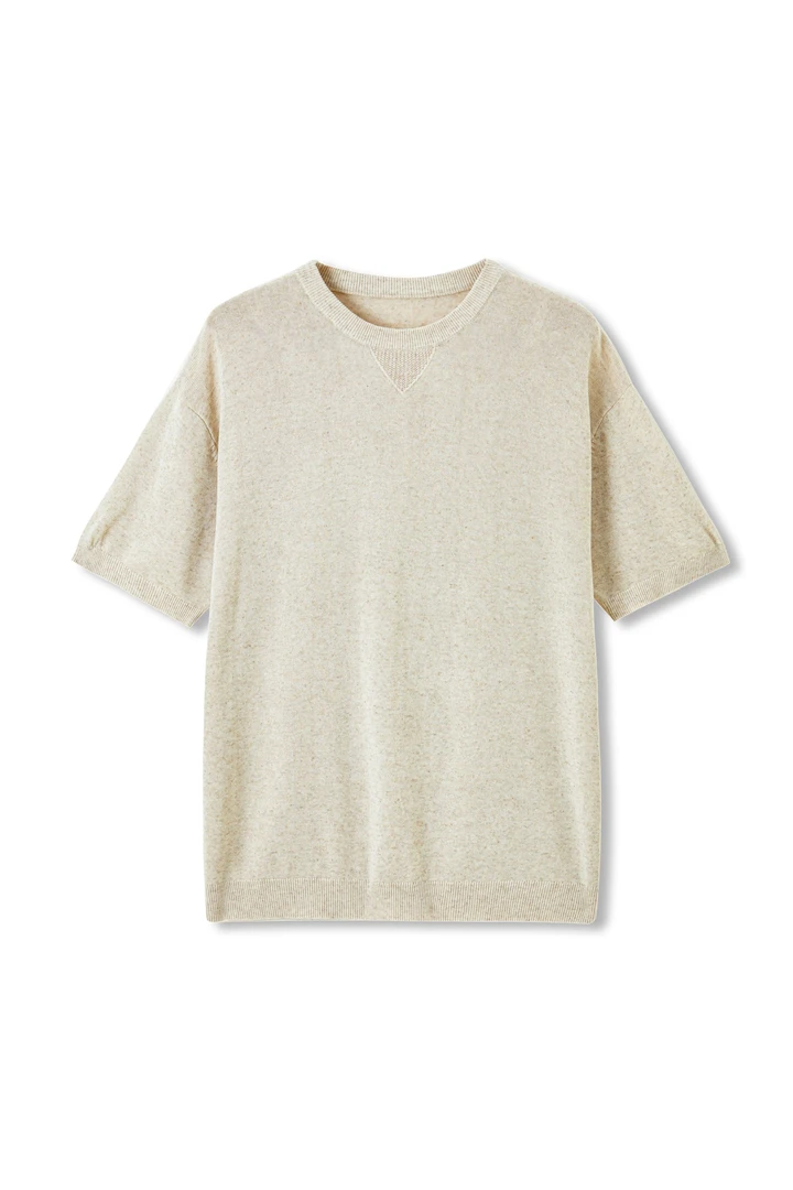 【天丝+亚麻】新贵高奢宽松老钱风格圆领中青年透气时尚针织短袖