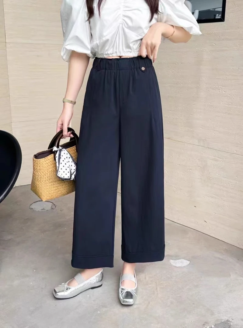 九分阔腿裤女夏季薄款2025新款高腰垂感宽松休闲松紧腰凉爽直筒裤