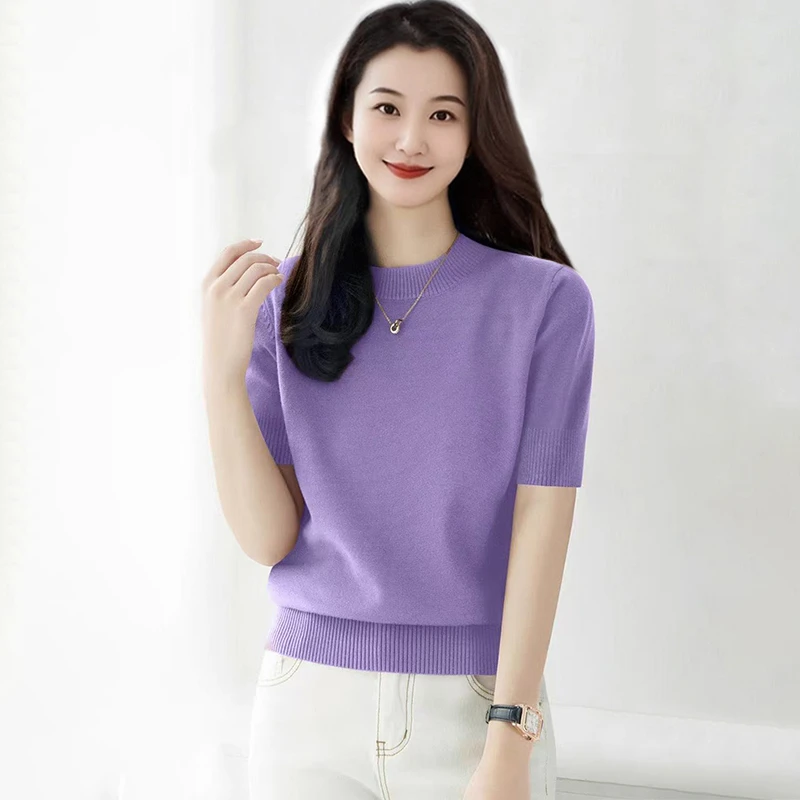 夏季圆领显瘦内搭上衣女简约新款气质时尚短袖洋气宽松针织打底衫