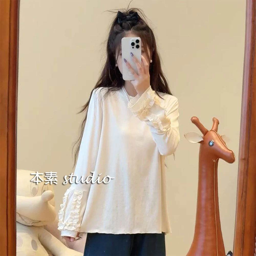 小温柔C4594爱心提花条纹木耳边圆领长袖T恤