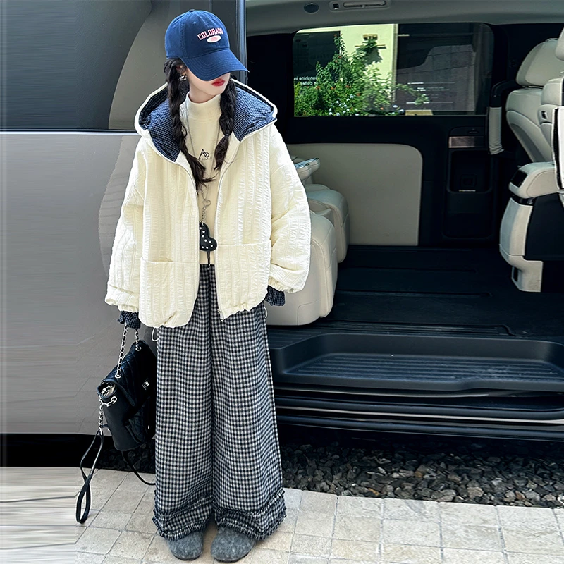 女童棉服外套秋冬夹棉加厚洋气10-15岁大童初中生连帽儿童棉衣潮