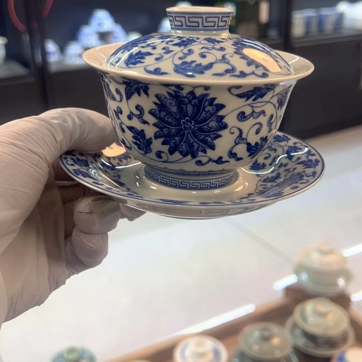瓷片白青花缠枝莲元宝盖碗全品