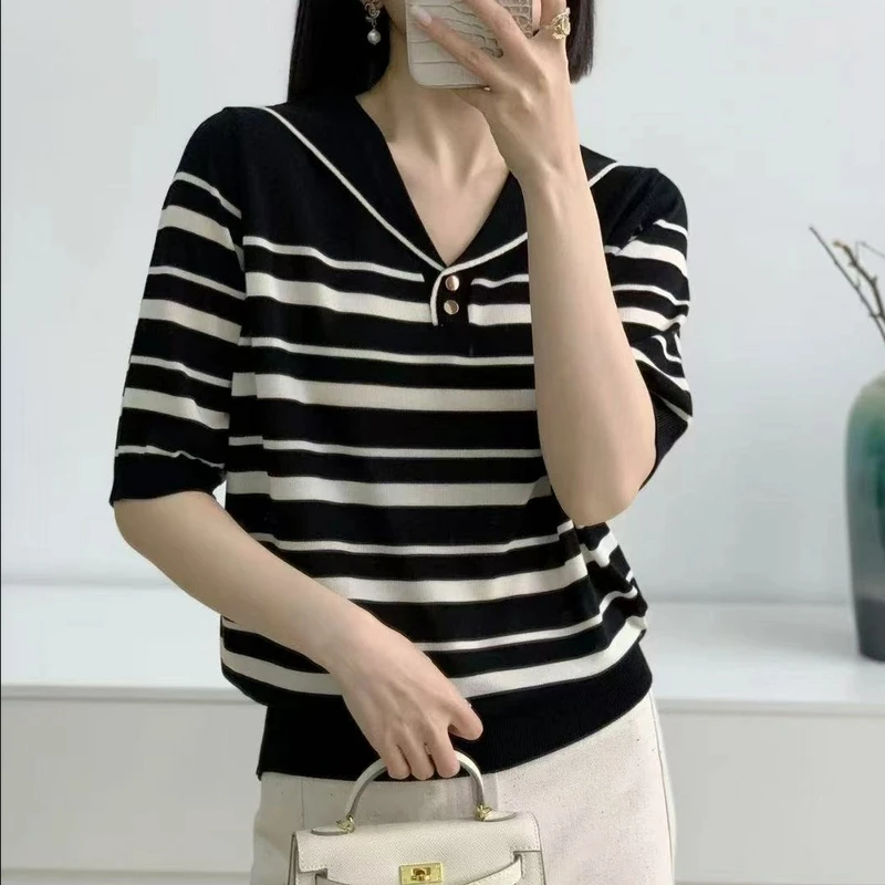 短袖女海军领翻领条纹套头针织衫2025新款春夏季打底短袖上衣冰丝