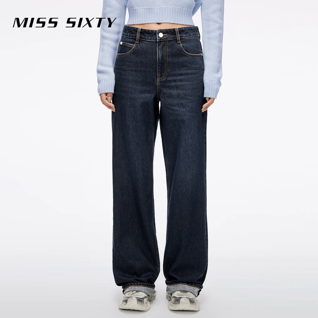 Miss Sixty2025冬季新款牛仔裤女含羊绒中腰显瘦直筒裤厚款长裤