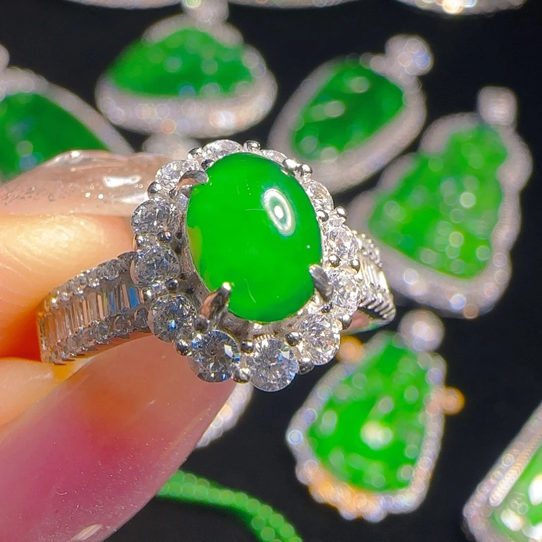 翡翠戒指银S925镶嵌天然