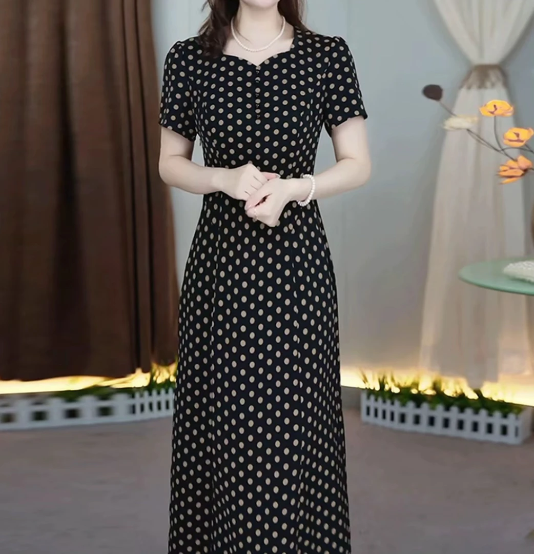 旗袍时尚显瘦裙子修身印花波点夏季心型领中老年妈妈装夏季夏装