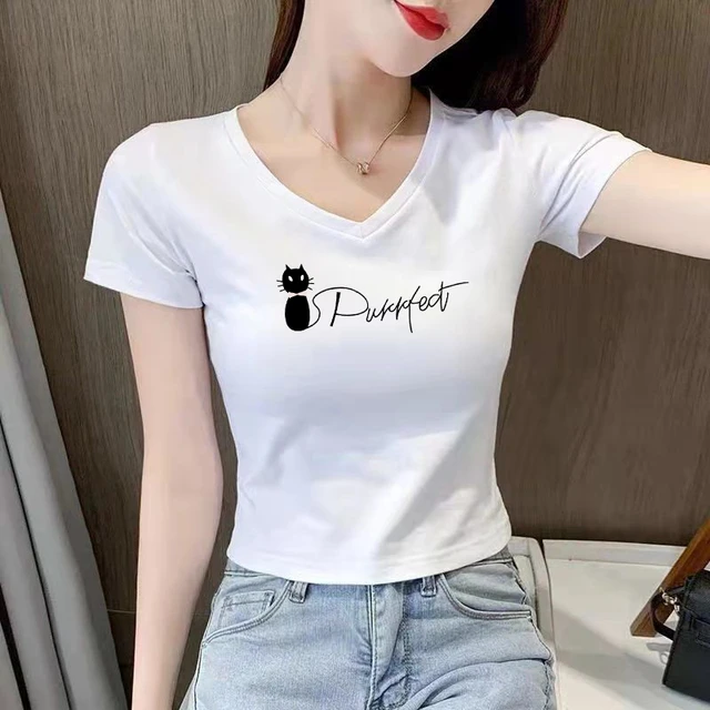纯棉正肩短款t恤女夏季2025新款体恤韩版衣服v领鸡心领上衣女短袖