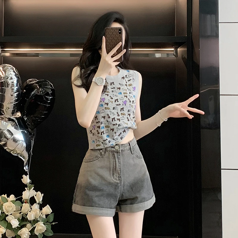 减龄搭配女夏装休闲小个子气质洋气马甲牛仔夏季套装短裤两件套