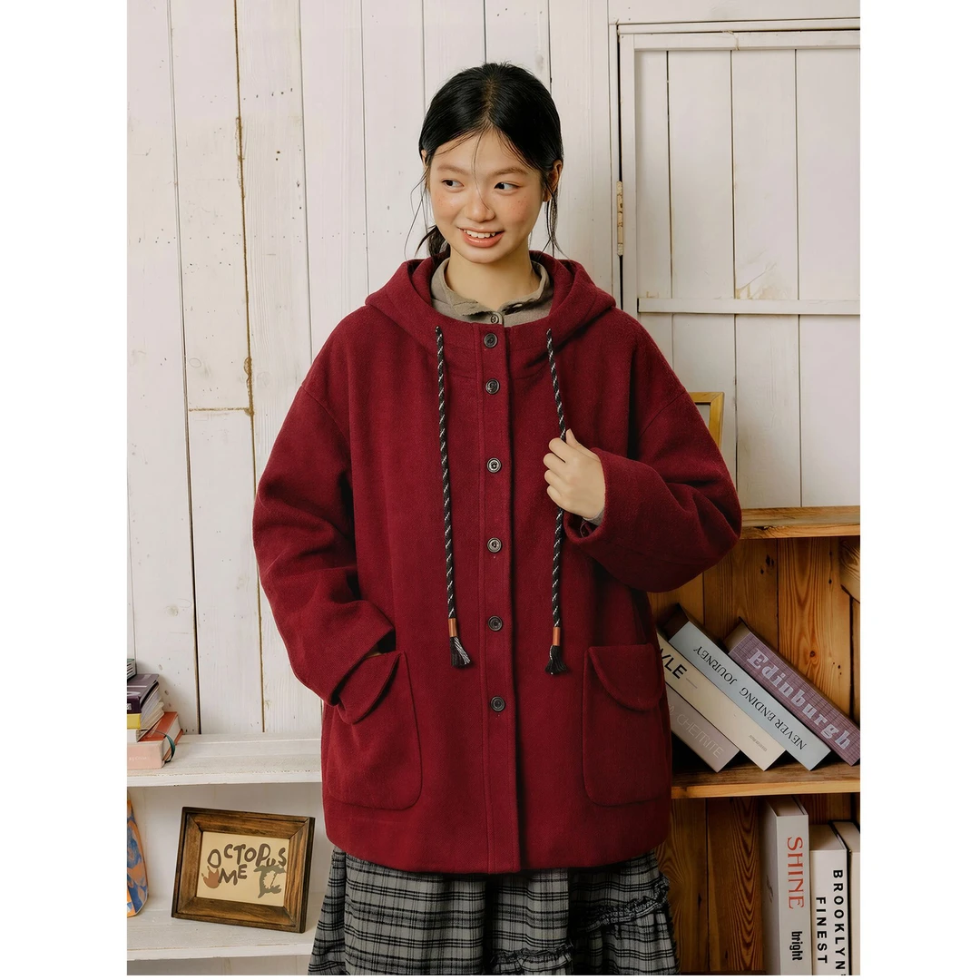 章鱼家【时尚百搭】新款连帽抽绳大插袋毛呢大衣宽松女装octopusme