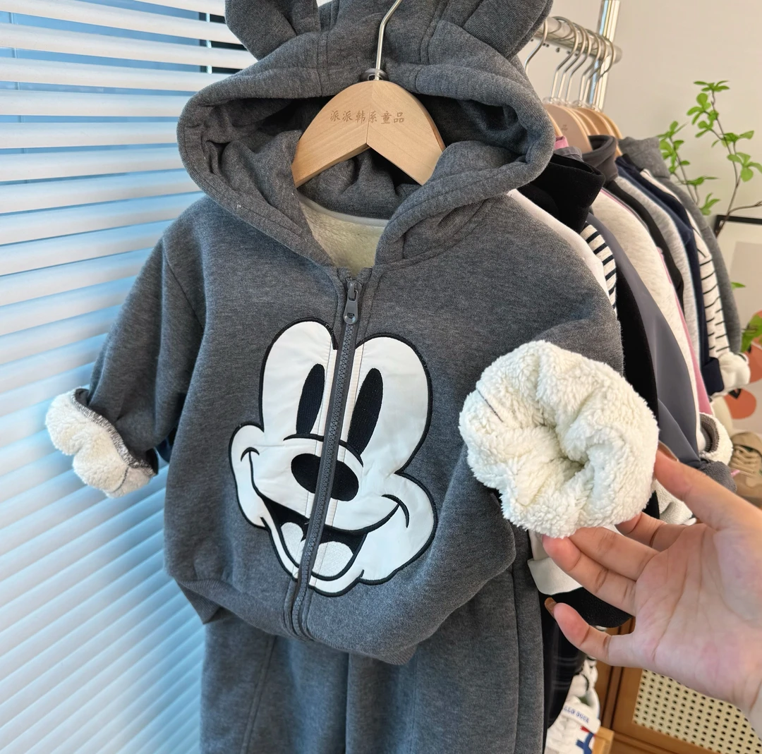 【加厚羊驼绒】儿童卡通米奇卫衣套装2025冬季新款男宝宝宽松上衣潮