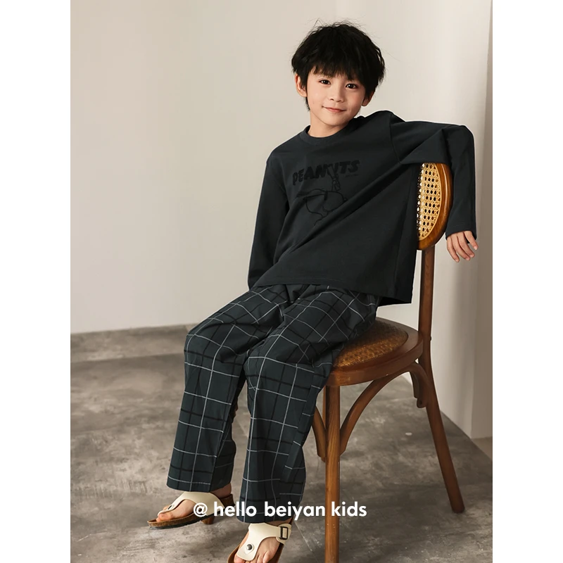 贝妍春秋儿童睡衣纯棉圆领长袖格子长裤史努比套装休闲外穿家居服
