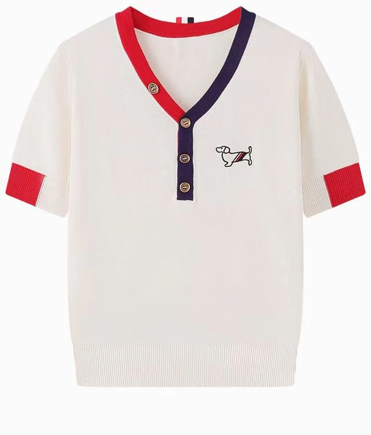 【编码32】 冰丝短袖女2025夏季薄款针织衫撞色v领T恤套头显瘦上衣