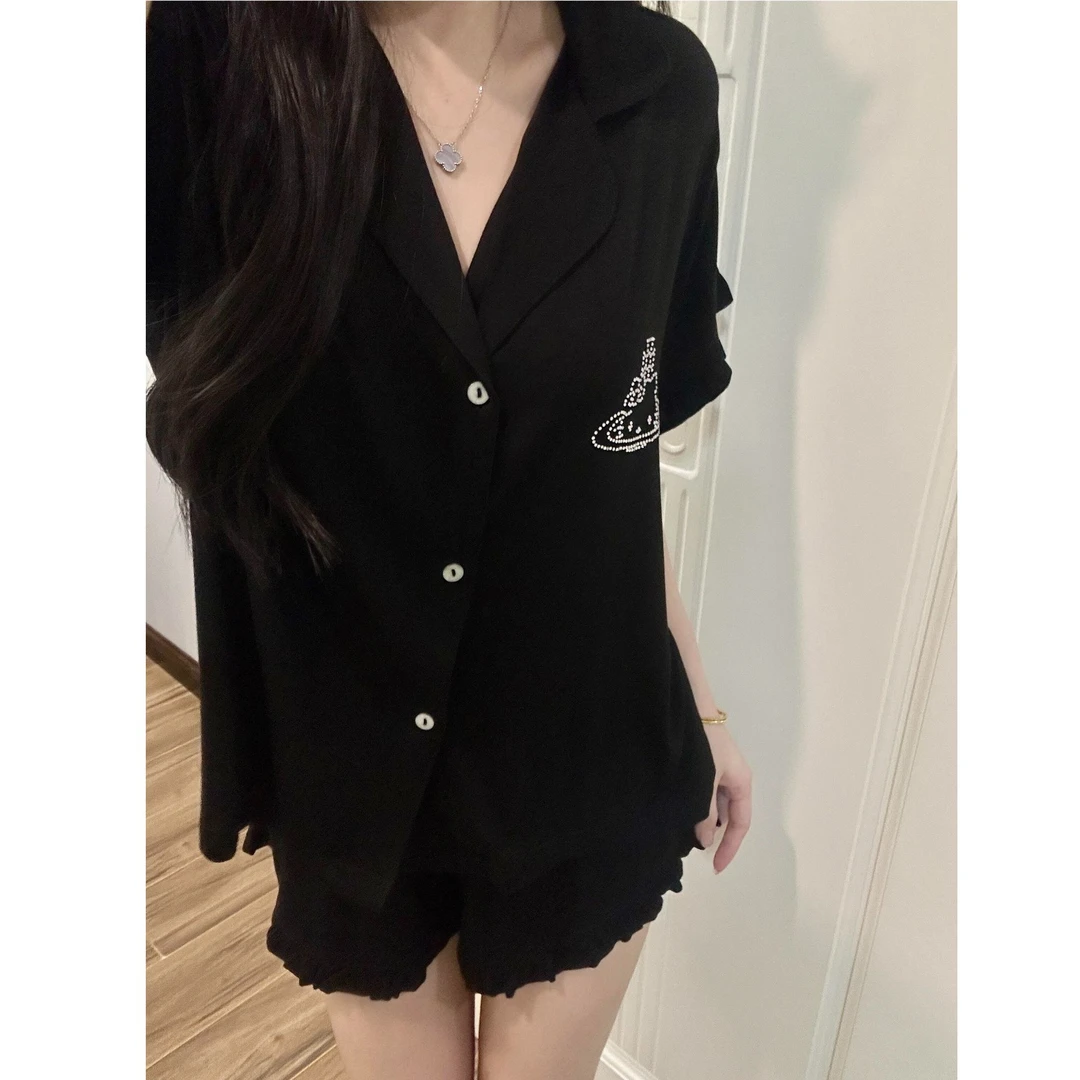法式高级感莫代尔睡衣女款夏季甜美烫钻kt猫短袖短裤家居服两件套