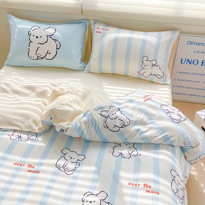 小狗奔向你可爱风奶蓝色全棉床单宿舍床单三件套