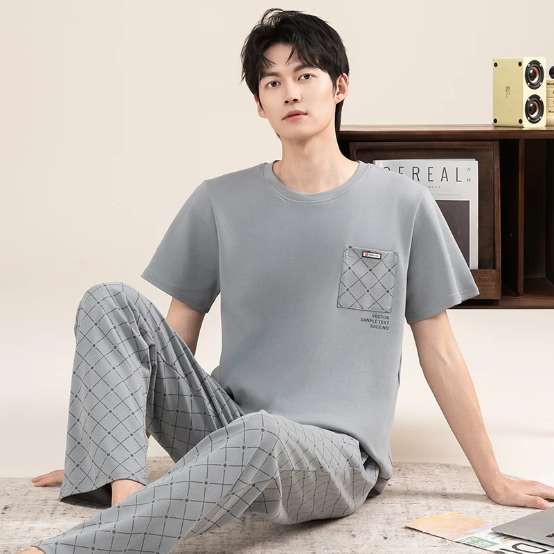 52211纯棉男士睡衣夏季短袖长裤套装夏天男士家居服纯棉男睡衣