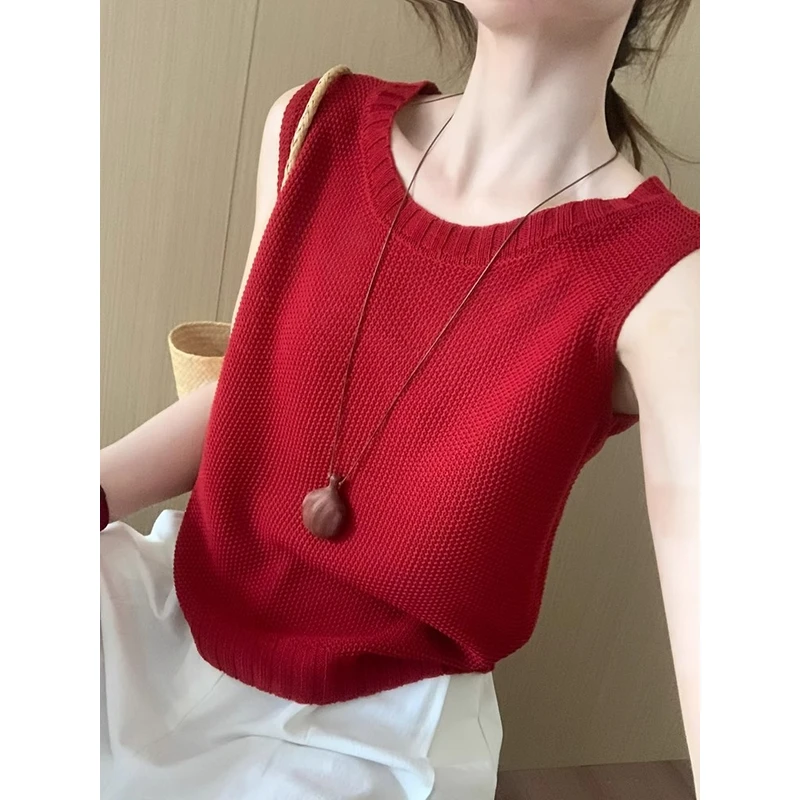 红色时尚气质高级感针织背心女2025夏季新款无袖上衣独特漂亮小衫