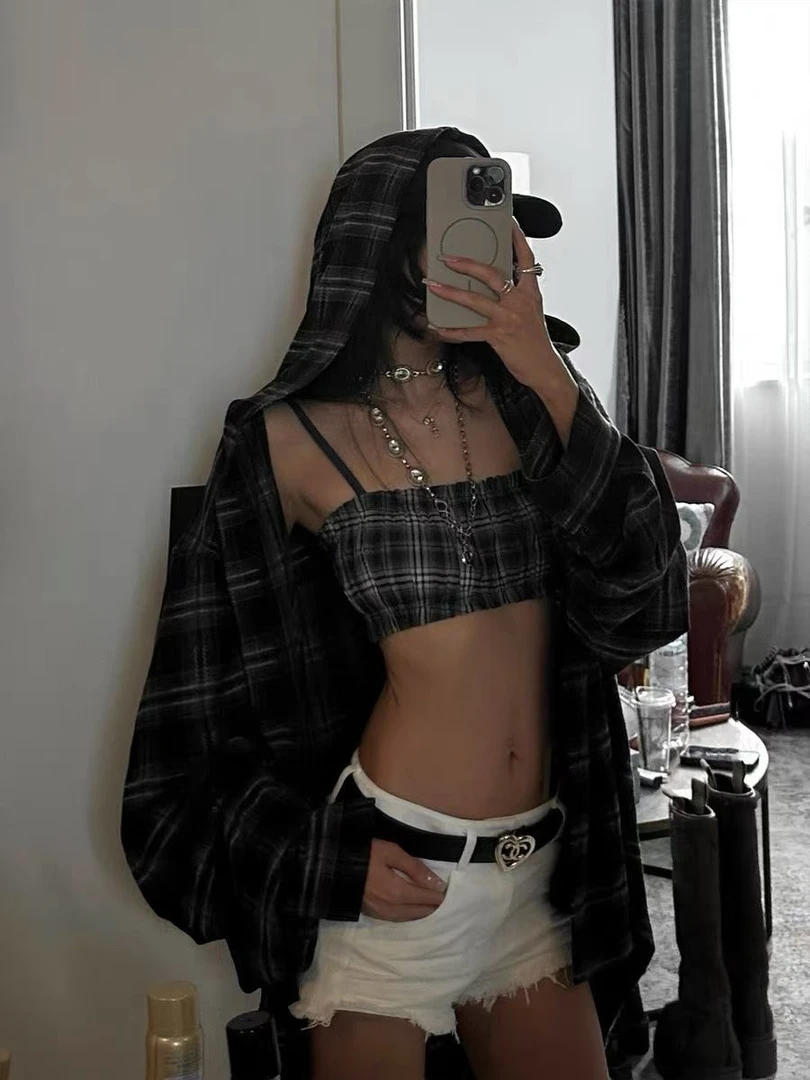 【奥莉】2025春夏：格子抹胸+宽松连帽衬衫两件套6148