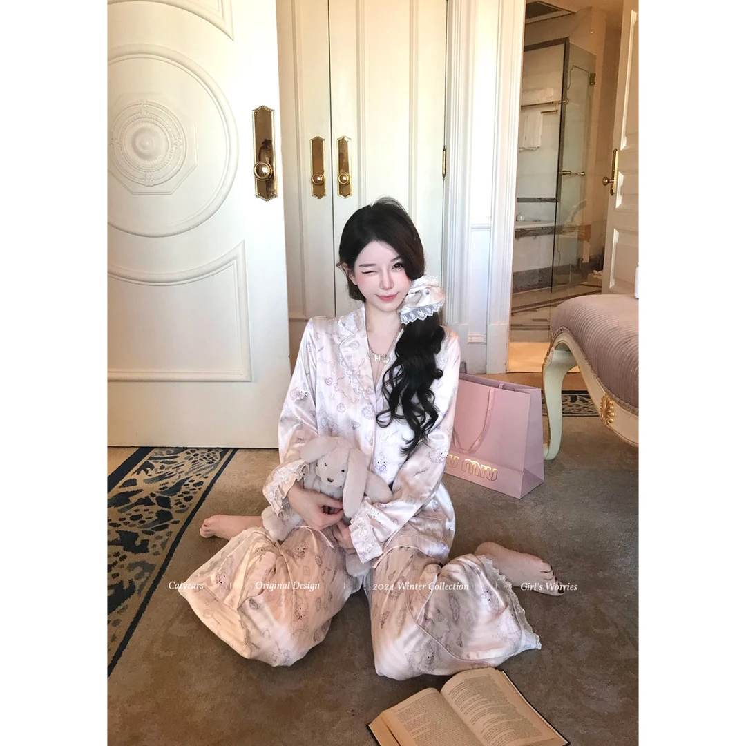Catyears猫年【kitty甜心少女】独家印花缎面睡衣冬季加绒家居套装