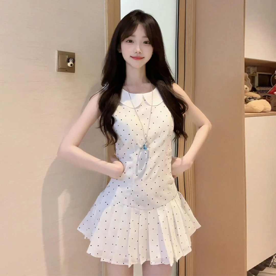 白色娃娃领波点吊带连衣裙子女夏季2025法式初恋甜美百褶短裙3766
