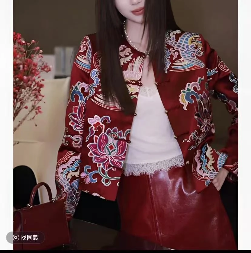 【深圳南油二姐】新中式国风设计师款印花圆领网红复古外套8830